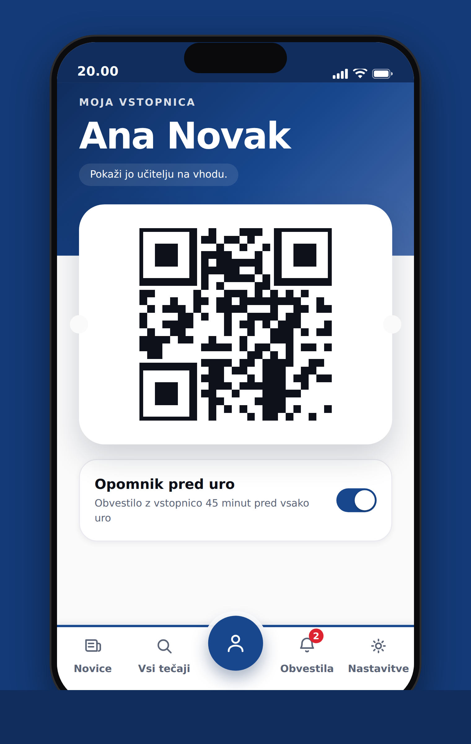 Zaslon »Moja vstopnica« s QR kodo in stikalom Opomnik pred uro