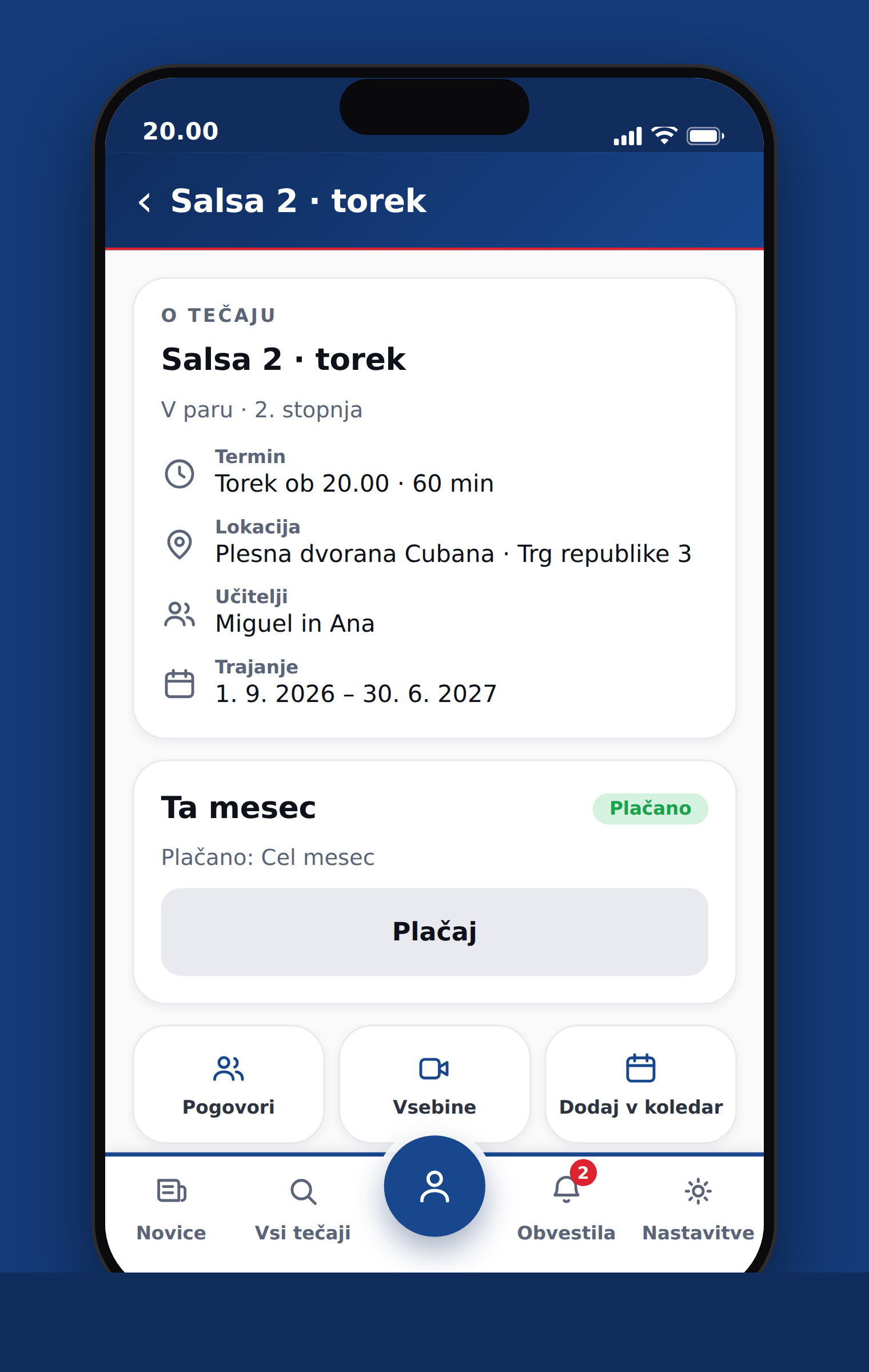 Zaslon tečaja s podatki o terminu, lokaciji in učiteljih ter kartico »Ta mesec«