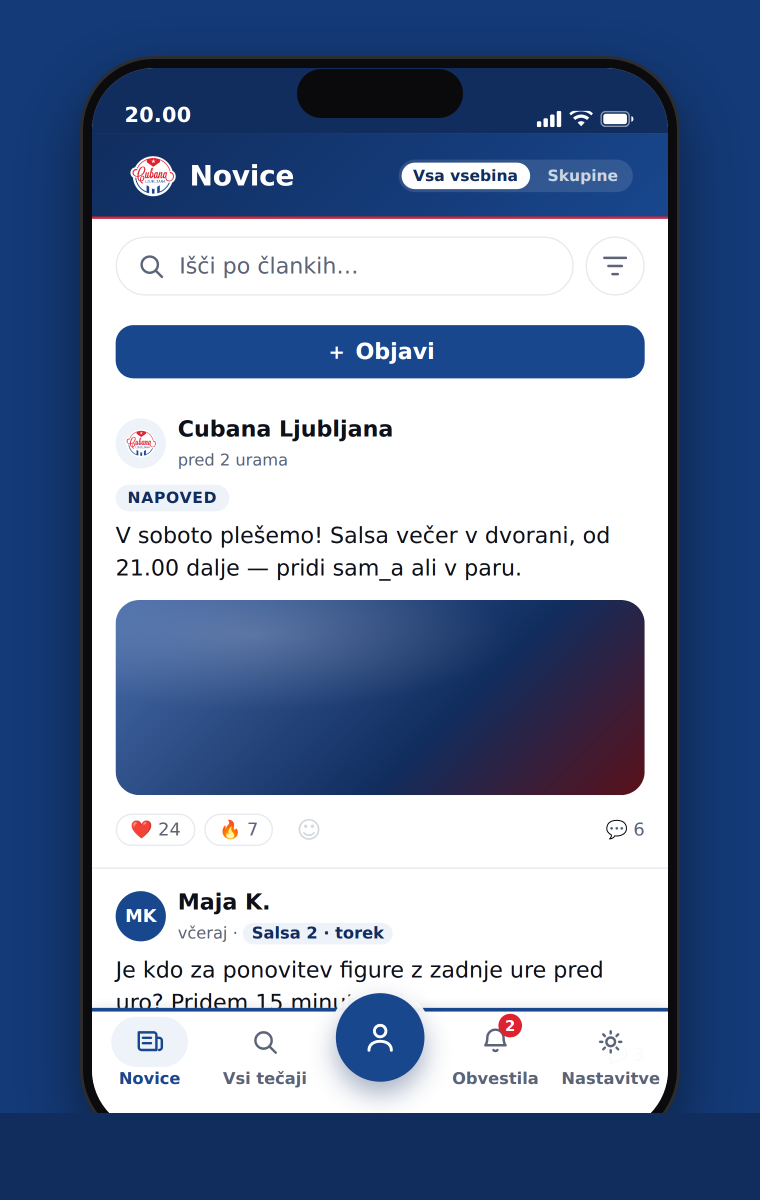 Zavihek Novice z objavo šole in objavo tečajnice