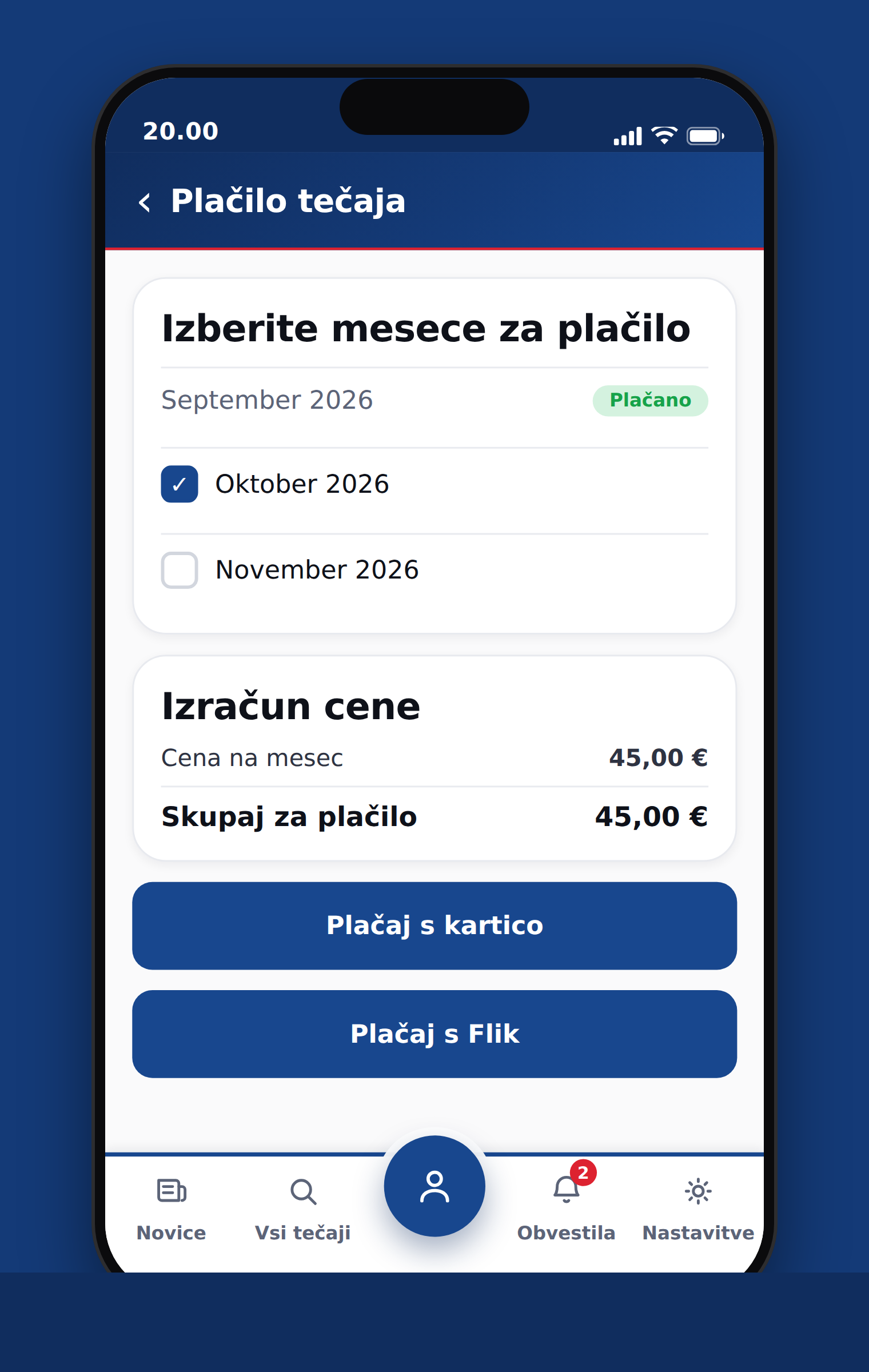Zaslon plačila z izbiro mesecev, izračunom cene in gumboma Plačaj s kartico in Plačaj s Flik