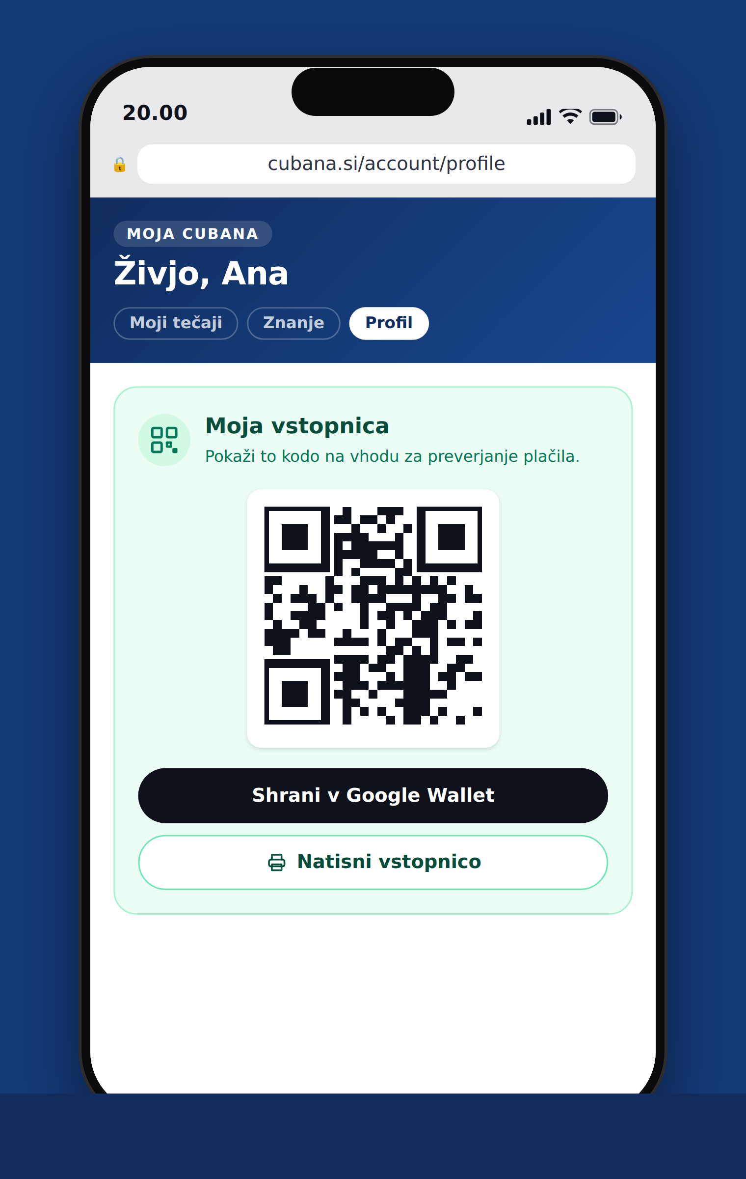 Vstopnica na spletni strani cubana.si, na zavihku Profil